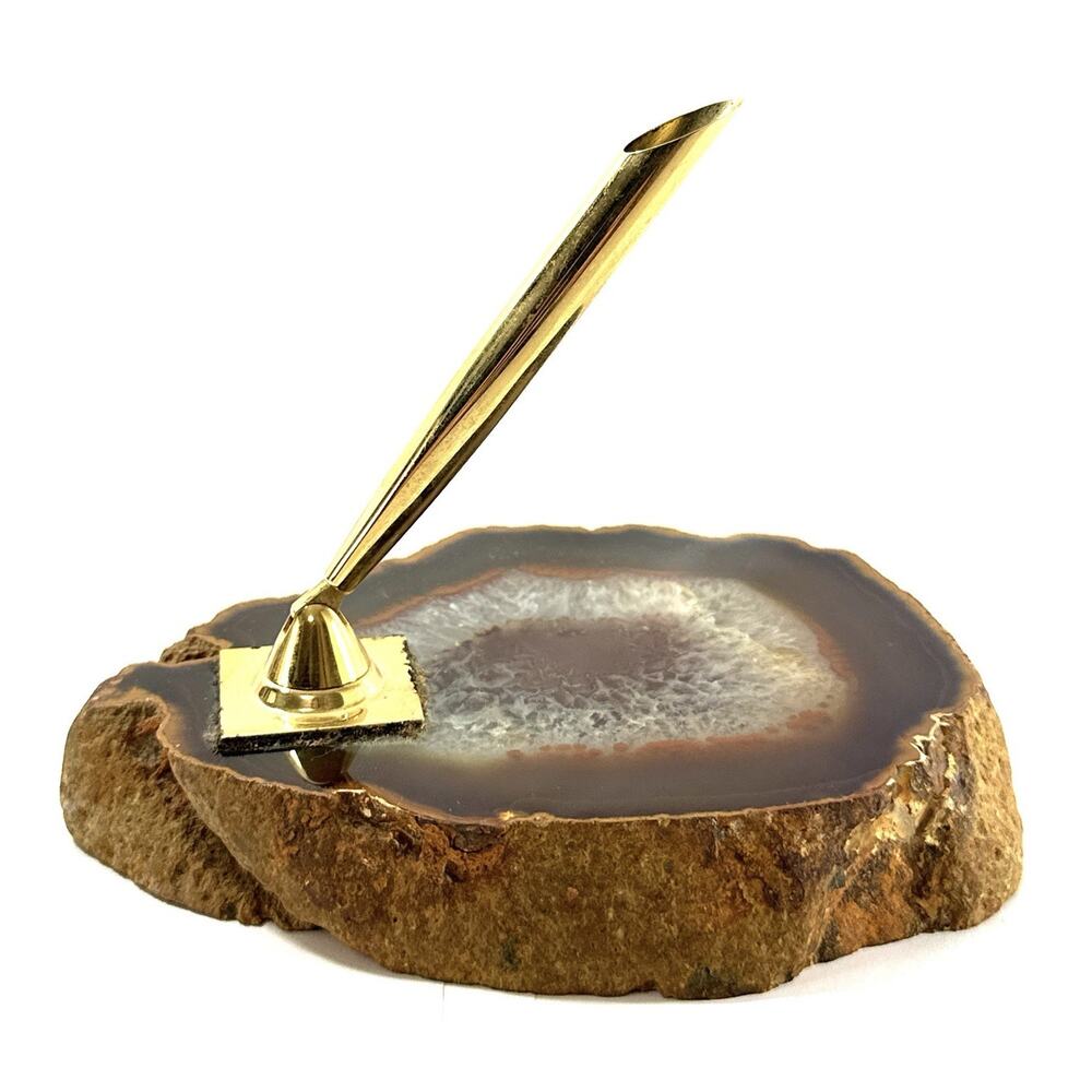 Vintage Manuel Russo Agate Slice Desk Pen Holder w/ Gold Tone Pen 5.5” - Picture 3 of 8